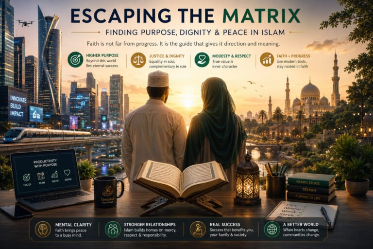 A person escaping a digital matrix world into a bright, natural landscape symbolizing spiritual awakening in Islam.
