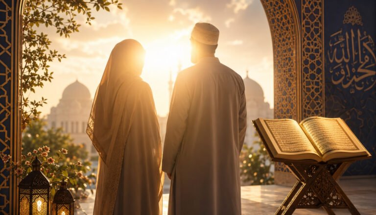 Muslim man and woman standing in harmony beside an open Quran with faces hidden by light