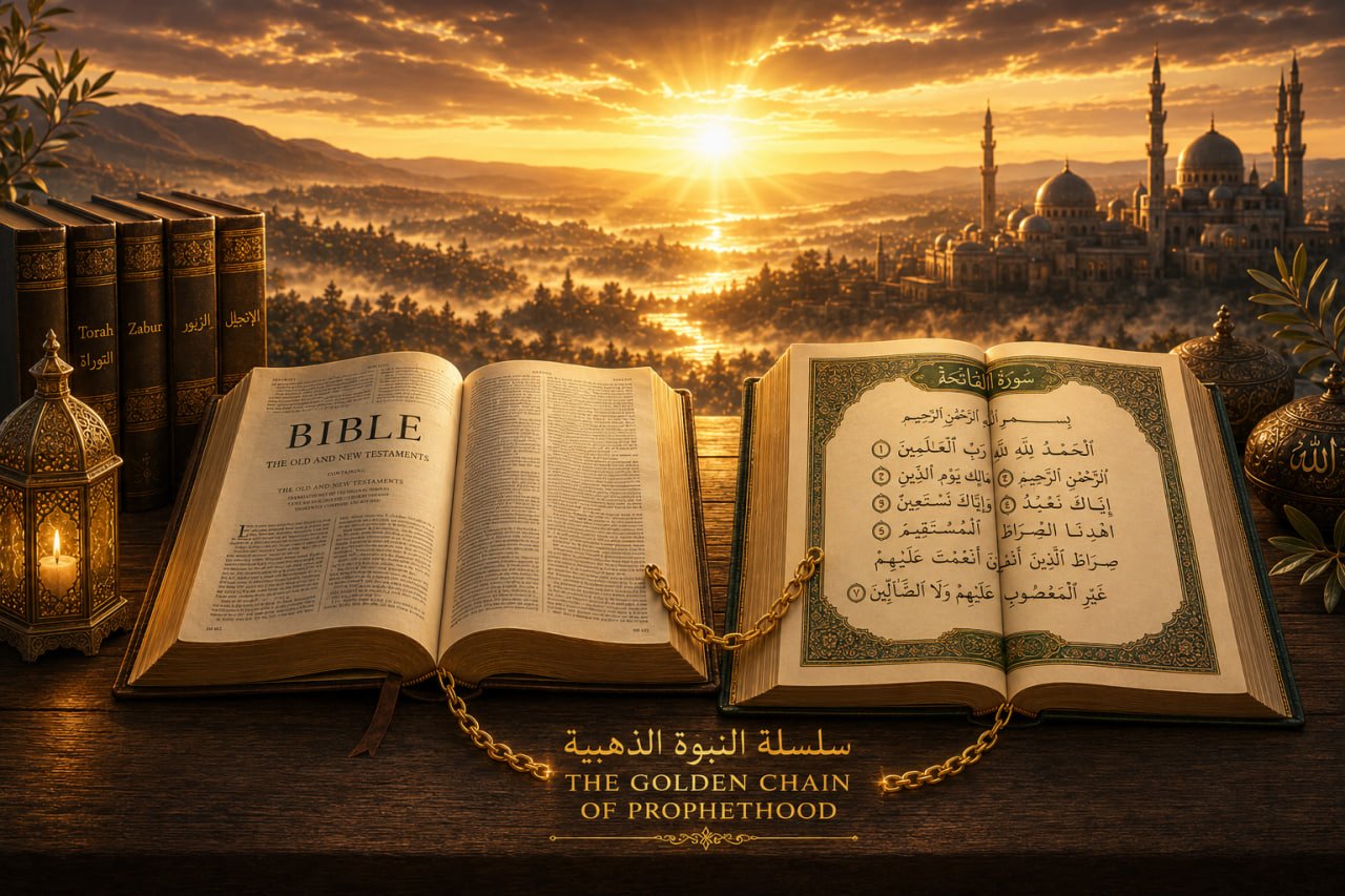 Cinematic digital art showing the Bible and the Quran illuminated by golden divine light, connected by a symbolic chain under a sunrise sky.
