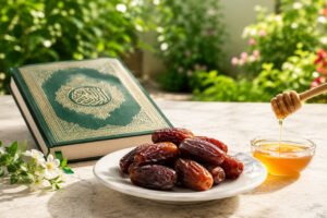 A green Quran next to a plate of fresh dates and honey in a sunlit garden representing Islamic dietary laws and purity.
