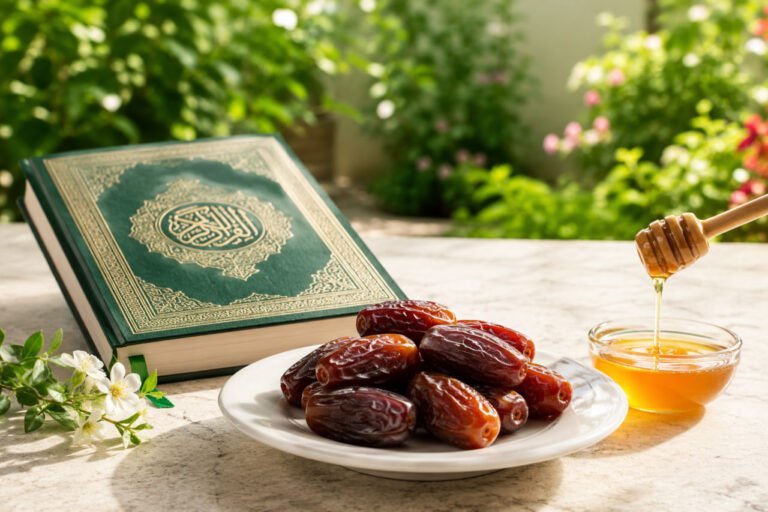 A green Quran next to a plate of fresh dates and honey in a sunlit garden representing Islamic dietary laws and purity.