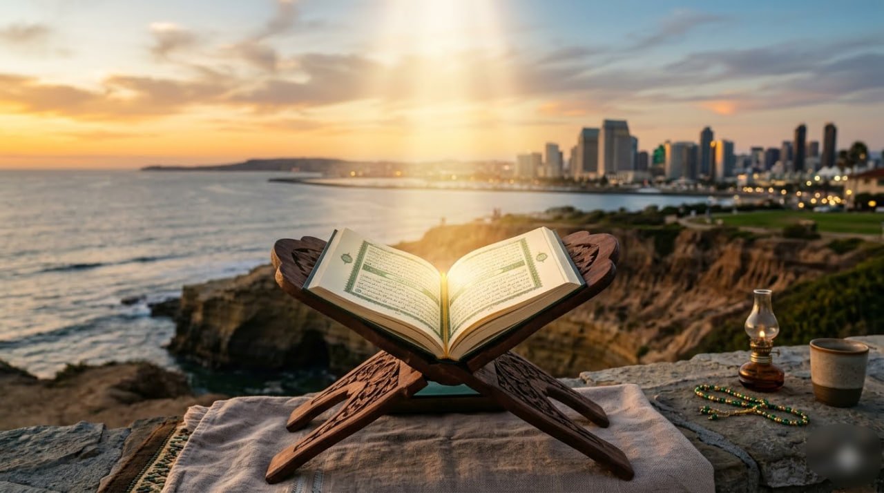 An open Quran on a wooden stand illuminated by a soft golden beam of light, set against a peaceful, blurred San Diego sunset background, symbolizing a spiritual journey to Islam.