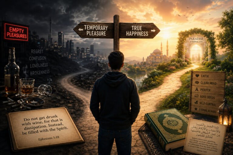 A man standing and choosing between a dark path of alcohol and regret and a bright path of faith, a mosque, and Paradise.