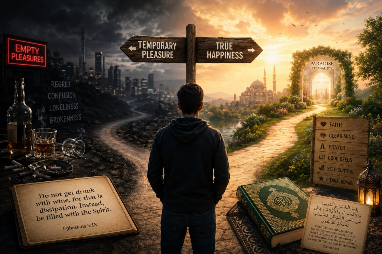 A man standing and choosing between a dark path of alcohol and regret and a bright path of faith, a mosque, and Paradise.