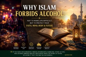 Why Islam forbids alcohol — cinematic Islamic artwork showing broken wine glasses contrasted with a glowing Quran and mosque at sunrise symbolizing spiritual peace, protection of intellect, and Islamic guidance.