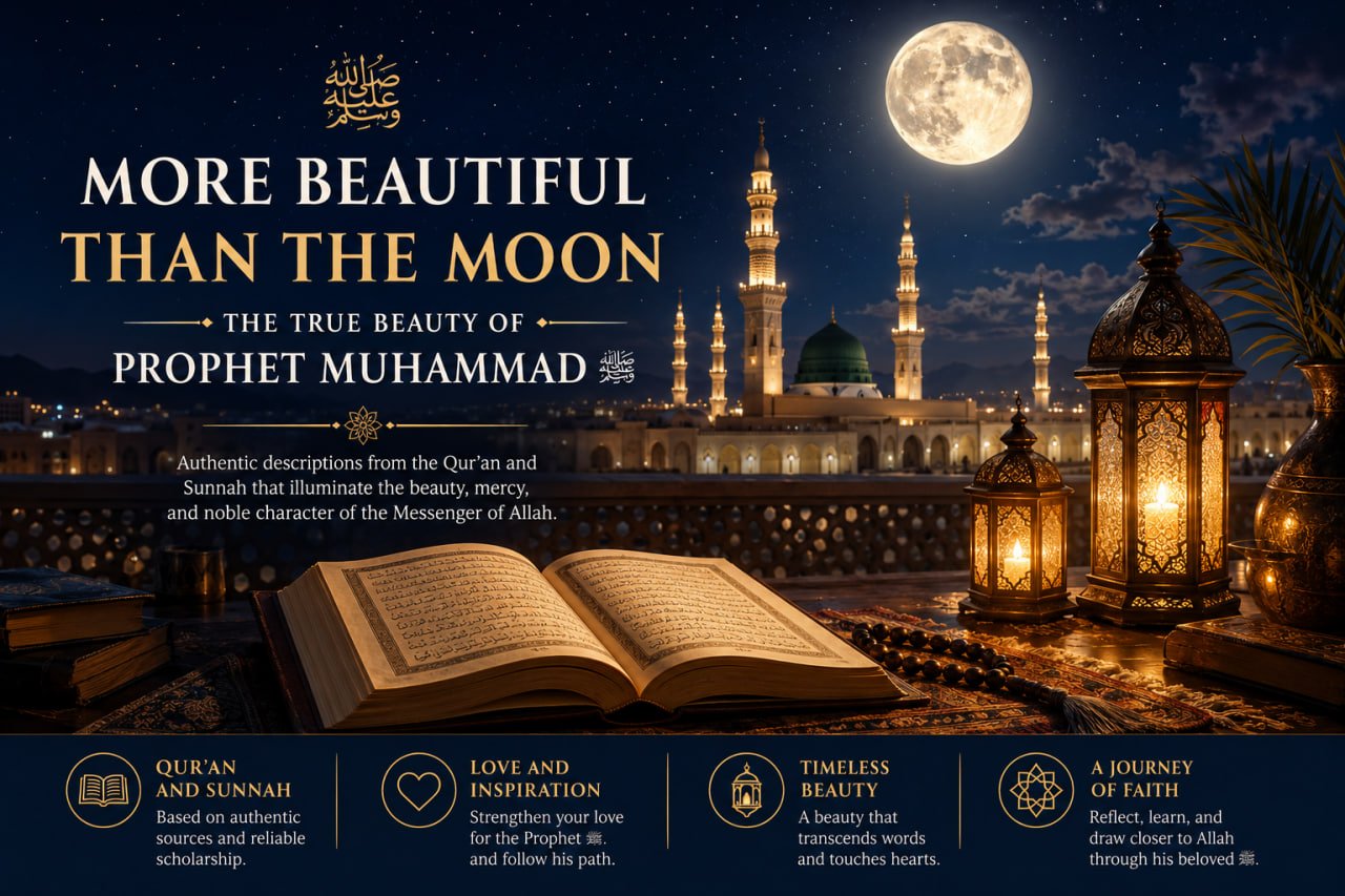 Islamic artistic illustration symbolizing the beauty and noble character of Prophet Muhammad ﷺ beneath a glowing moonlit sky