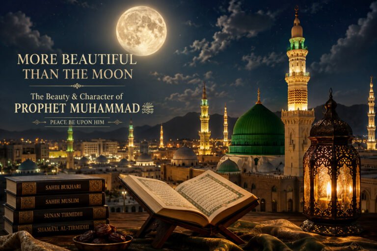 Symbolic Islamic artwork representing the beauty and mercy of Prophet Muhammad ﷺ beneath a luminous moon over Madinah