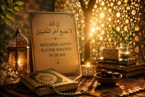 Elegant Islamic-themed image featuring a Qur’an, lanterns, Arabic calligraphy, warm golden light, and spiritual symbols of kindness and charity in Islam