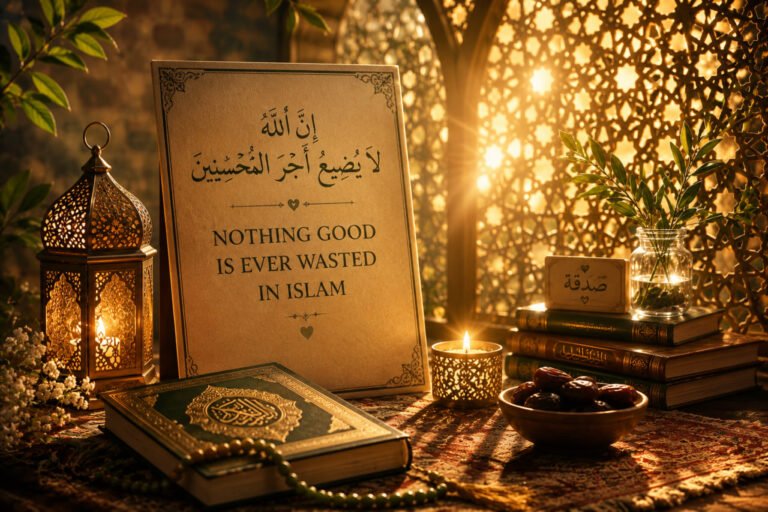 Elegant Islamic-themed image featuring a Qur’an, lanterns, Arabic calligraphy, warm golden light, and spiritual symbols of kindness and charity in Islam