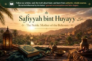 Elegant Islamic artwork representing Safiyyah bint Huyayy رضي الله عنها with a peaceful desert oasis, palm trees, Islamic lanterns, and spiritual atmosphere inspired by Islamic history.