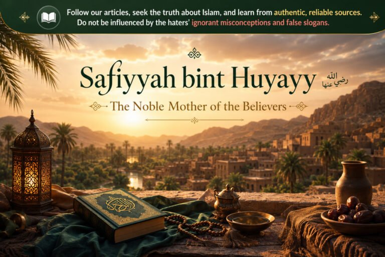 Elegant Islamic artwork representing Safiyyah bint Huyayy رضي الله عنها with a peaceful desert oasis, palm trees, Islamic lanterns, and spiritual atmosphere inspired by Islamic history.