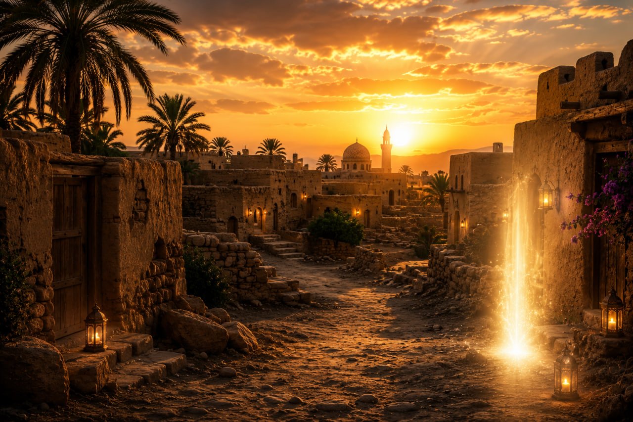 Golden sunset over an ancient desert village near Quba in Medina with glowing lanterns, palm trees, and a radiant spiritual light symbolizing hidden truth and divine guidance.