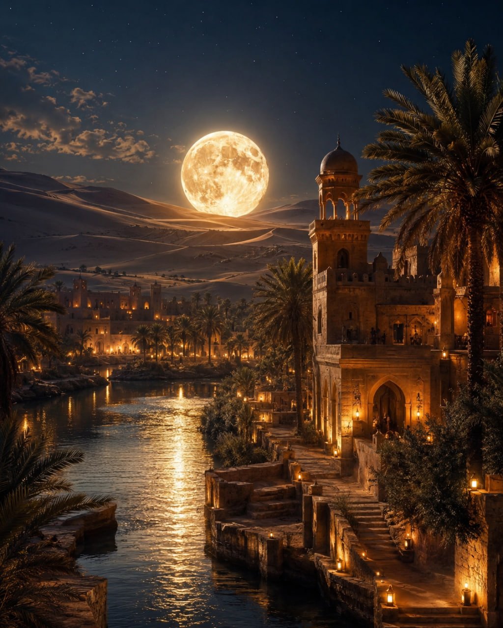 An ethereal full moon descending over an ancient desert oasis at night, symbolizing divine guidance and peace in Islamic history.