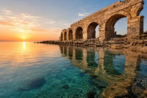 Ancient stone arches overlooking a serene turquoise sea at sunrise, symbolizing emotional validation and peace in Islam.