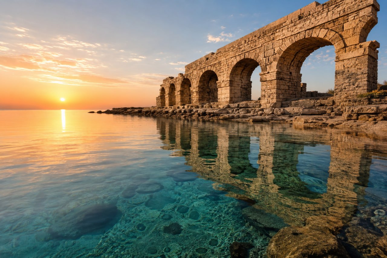 Ancient stone arches overlooking a serene turquoise sea at sunrise, symbolizing emotional validation and peace in Islam.