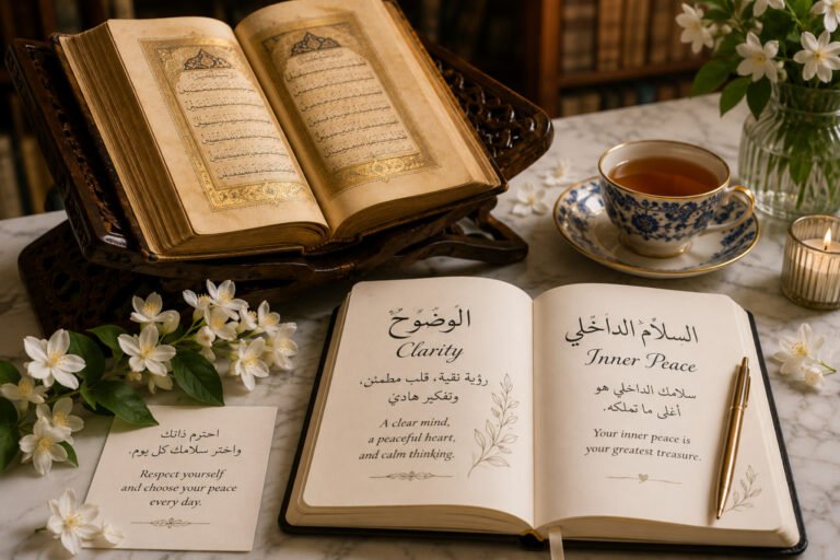 An open notebook with elegant Arabic and English calligraphy about peace, next to a porcelain teacup and fresh jasmine flowers on a marble desk