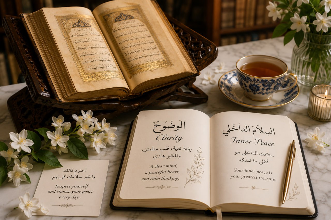 An open notebook with elegant Arabic and English calligraphy about peace, next to a porcelain teacup and fresh jasmine flowers on a marble desk