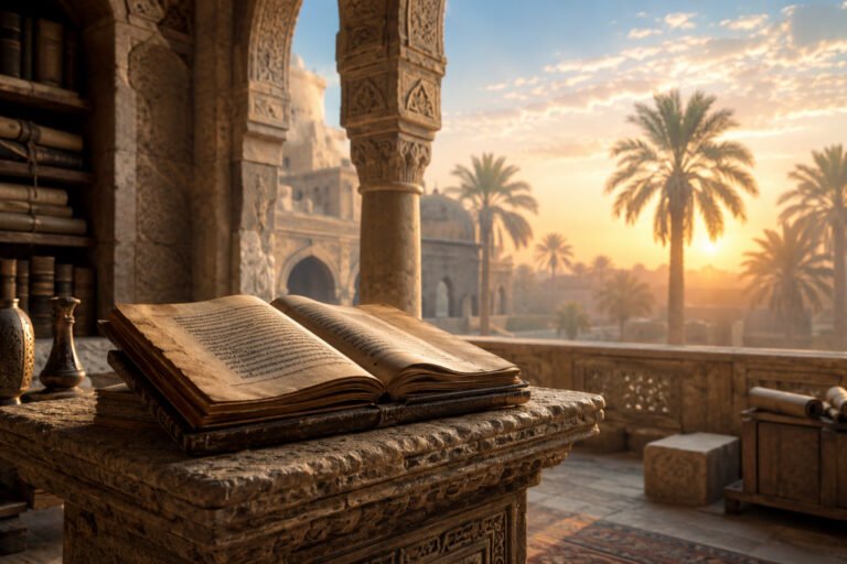 An open historical book on a stone podium with an ancient Arabian background, representing Islamic history research.