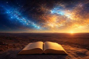 An open book reflecting warm light under a vast, beautifully designed cosmic night sky representing divine creation.