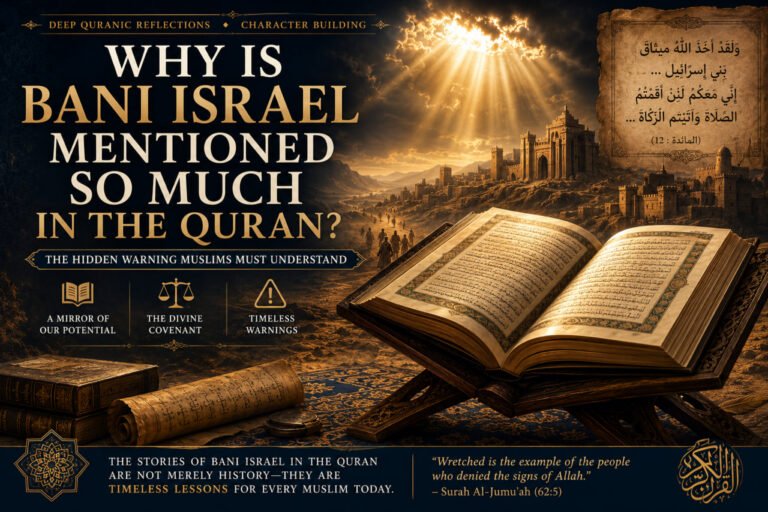 Open Quran illuminated by heavenly light symbolizing the repeated mention of Bani Israel and divine lessons for Muslims.