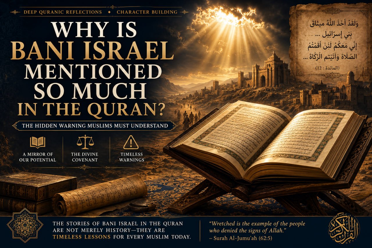 Open Quran illuminated by heavenly light symbolizing the repeated mention of Bani Israel and divine lessons for Muslims.