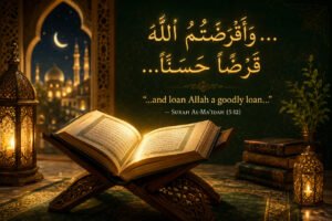 Open Qur’an with glowing Arabic calligraphy about giving Allah a goodly loan from Surah Al-Ma’idah 5:12