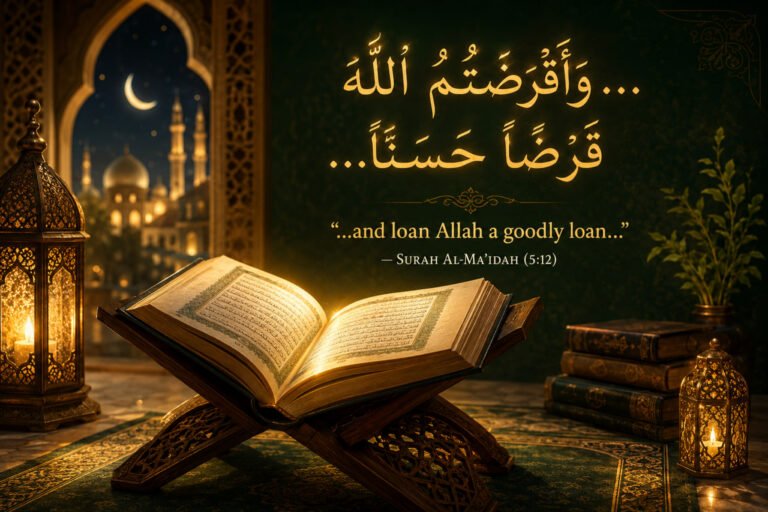 Open Qur’an with glowing Arabic calligraphy about giving Allah a goodly loan from Surah Al-Ma’idah 5:12