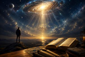 Symbolic depiction of divine majesty contrasted with human limitation in a theological discussion about incarnation.