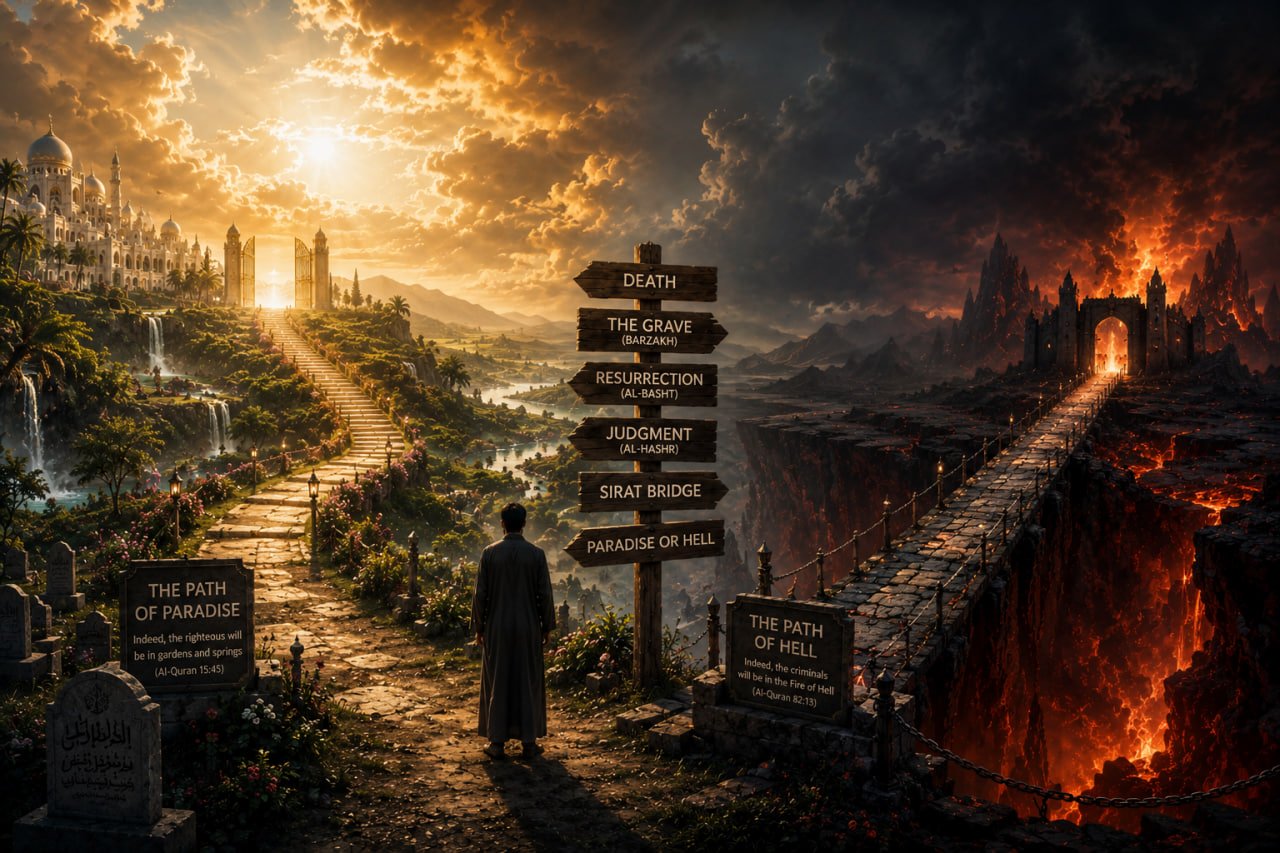 A symbolic cinematic depiction of the soul’s journey after death showing a graveyard beneath a dramatic sky, a radiant heavenly path, and a distant bridge over darkness inspired by Islamic eschatology.