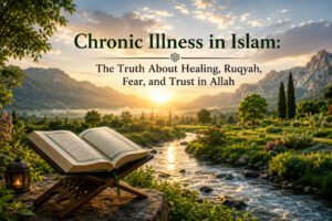 Peaceful Islamic landscape symbolizing healing, hope, patience, and trust in Allah during chronic illness.