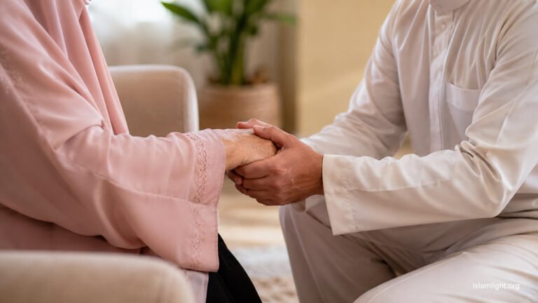 An adult Muslim son holding his elderly mother's hand with deep respect and care in a warm home environment.