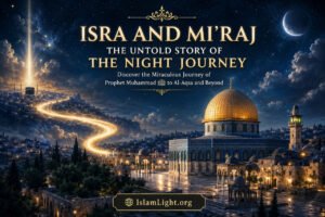 Artistic depiction of the Night Journey (Isra and Mi'raj) featuring Al-Aqsa Mosque, celestial light, and a spiritual Islamic atmosphere.