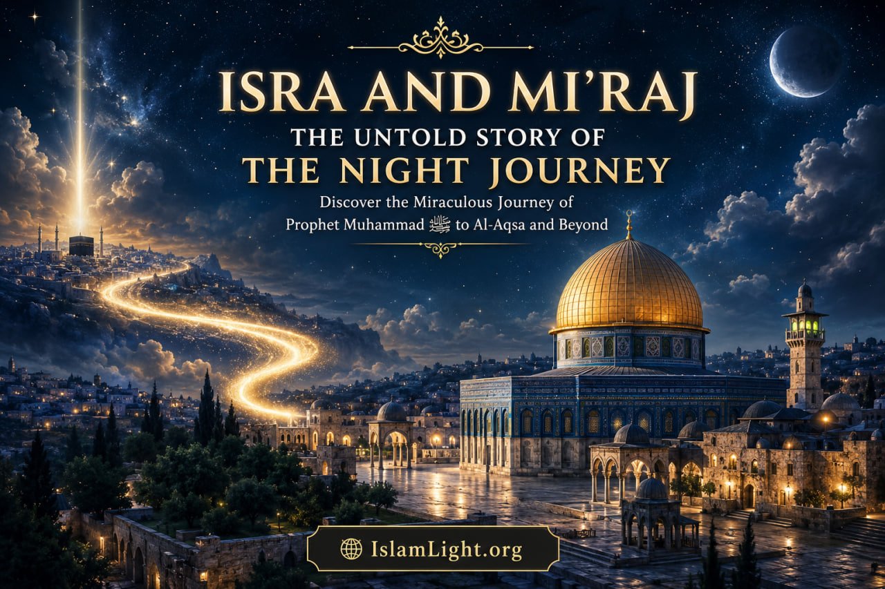Artistic depiction of the Night Journey (Isra and Mi'raj) featuring Al-Aqsa Mosque, celestial light, and a spiritual Islamic atmosphere.