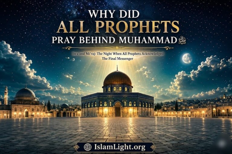 Prophet Muhammad's miraculous Night Journey to Al-Aqsa Mosque where the prophets gathered and prayed behind him before the heavenly ascension.