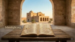 Ancient manuscript displaying Arabic calligraphy next to a historic desert building background.
