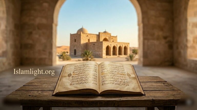 Ancient manuscript displaying Arabic calligraphy next to a historic desert building background.