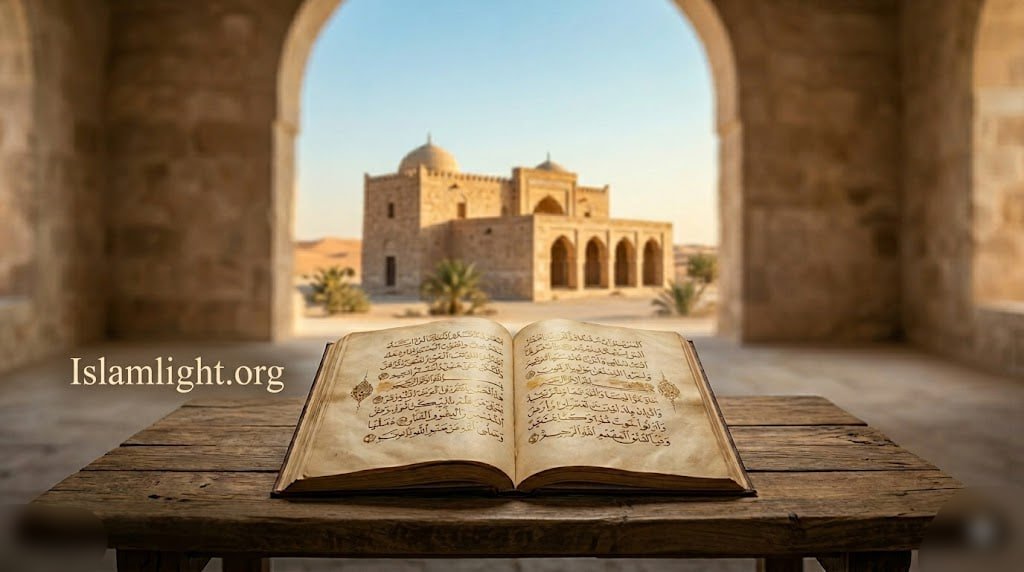 Ancient manuscript displaying Arabic calligraphy next to a historic desert building background.