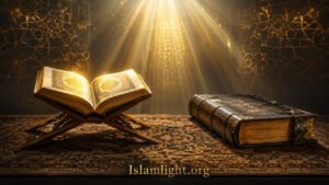An open Holy Quran radiating divine light next to a traditional Bible, illustrating the concept of divine authorship.