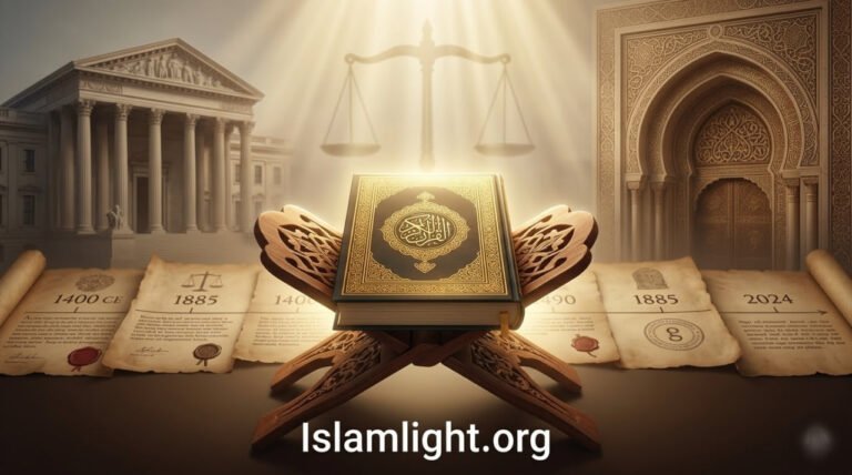 Illuminated Quran with historical legal documents, justice scales, and symbolic timeline representing historical age-of-consent laws and Islamic marriage legislation.