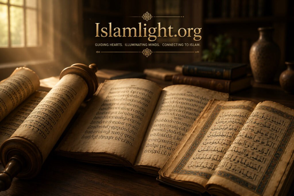  Ancient religious manuscripts representing the Torah, Gospel, and Qur'an illuminated by warm light
