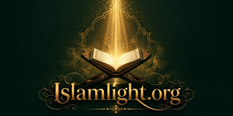 An open Holy Quran with glowing golden light rising from its pages against a dark emerald green background.