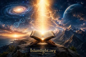 A glowing open Qur'an radiating divine light beneath a star-filled sky, surrounded by galaxies, mountains, DNA imagery, and symbols of knowledge, illustrating the logical and scientific evidence for Islam and belief in one Creator.