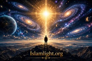 A lone person overlooking a perfectly ordered universe illuminated by one radiant source of light, symbolizing the absolute oneness, perfection, and self-sufficiency of the one true Creator in Islam.