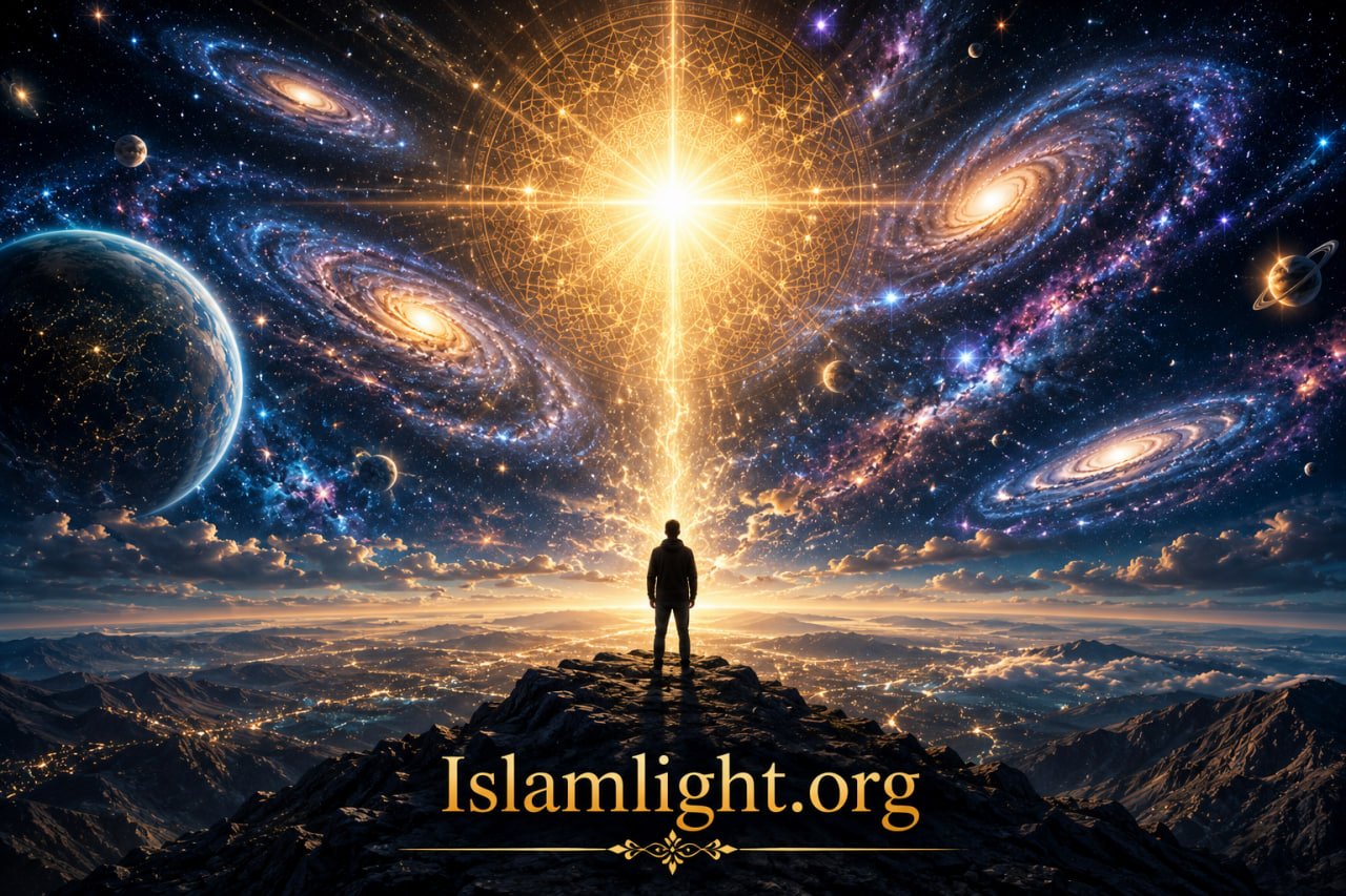A lone person overlooking a perfectly ordered universe illuminated by one radiant source of light, symbolizing the absolute oneness, perfection, and self-sufficiency of the one true Creator in Islam.