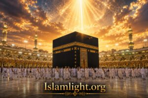 Pilgrims performing Tawaf around the Ka'bah in Makkah while approaching the Black Stone as an act of obedience to Allah, illustrating Islamic monotheism and worship of the one true Creator alone.