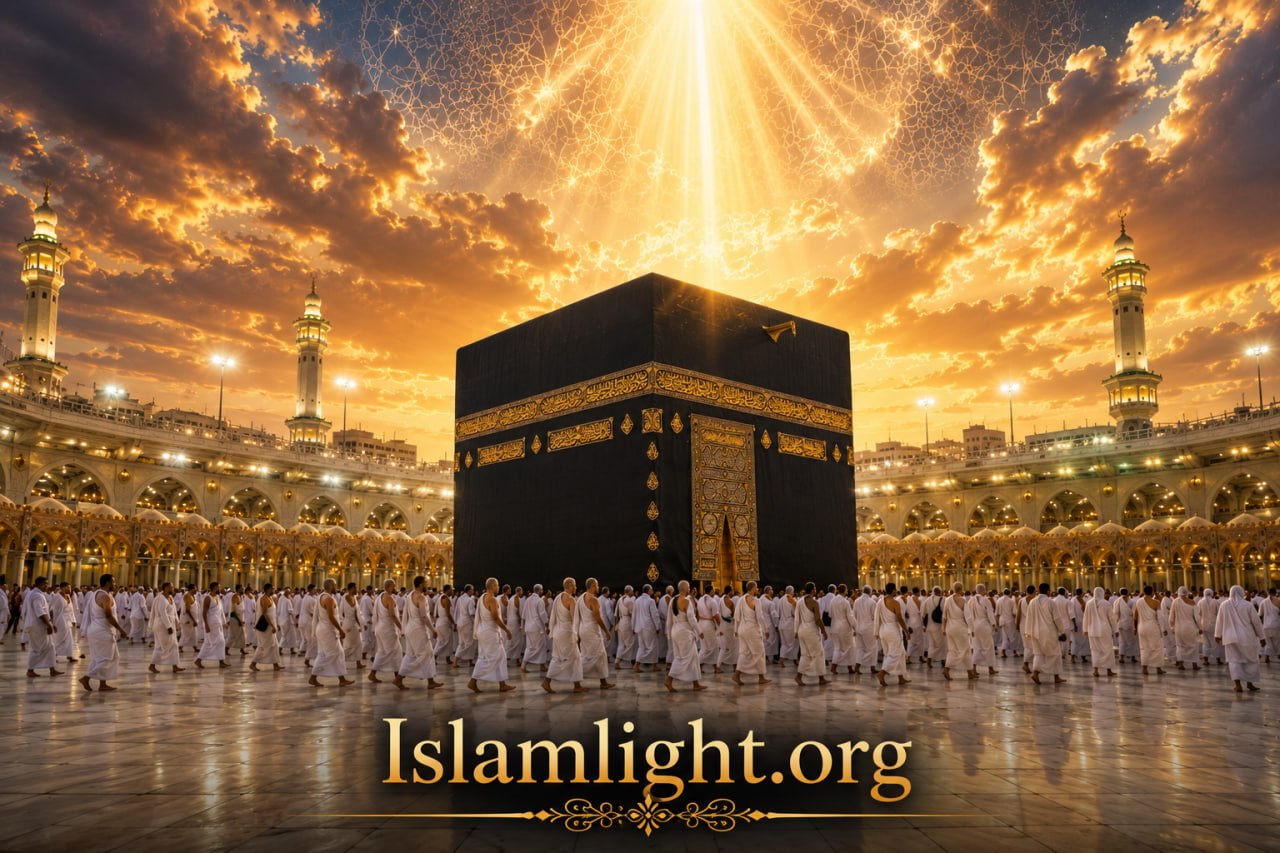Pilgrims performing Tawaf around the Ka'bah in Makkah while approaching the Black Stone as an act of obedience to Allah, illustrating Islamic monotheism and worship of the one true Creator alone.