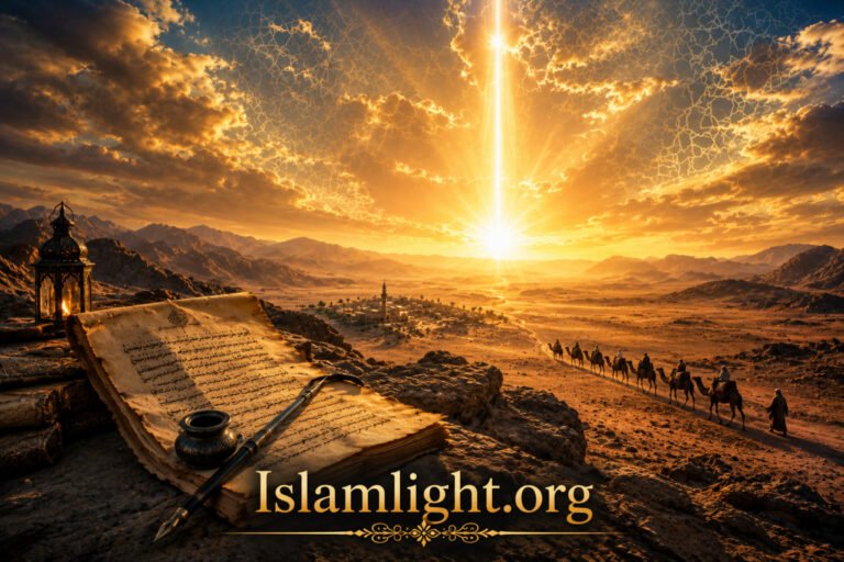 An ancient manuscript and ink pen overlooking a vast Arabian desert at sunrise with a radiant beam of light illuminating the horizon, symbolizing divine revelation, historical evidence, and the prophethood of Muhammad ﷺ.