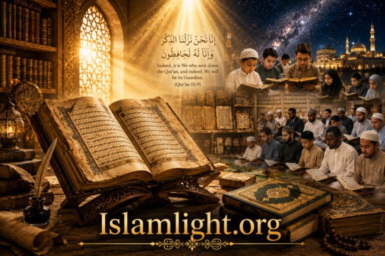 An illustrated pic about An ancient Qur'an manuscript illuminated by golden light with Muslims from diverse backgrounds reciting the Qur'an from memory, symbolizing its preservation through manuscripts and oral transmission across generations.