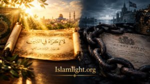Ancient illuminated Quranic calligraphy scroll representing human liberation contrasted with colonial iron chains.