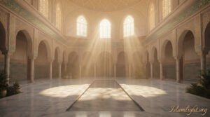 Ethereal glowing rays of divine light streaming from above into a peaceful serene mosque, symbolizing the presence and protection of angels in Islam